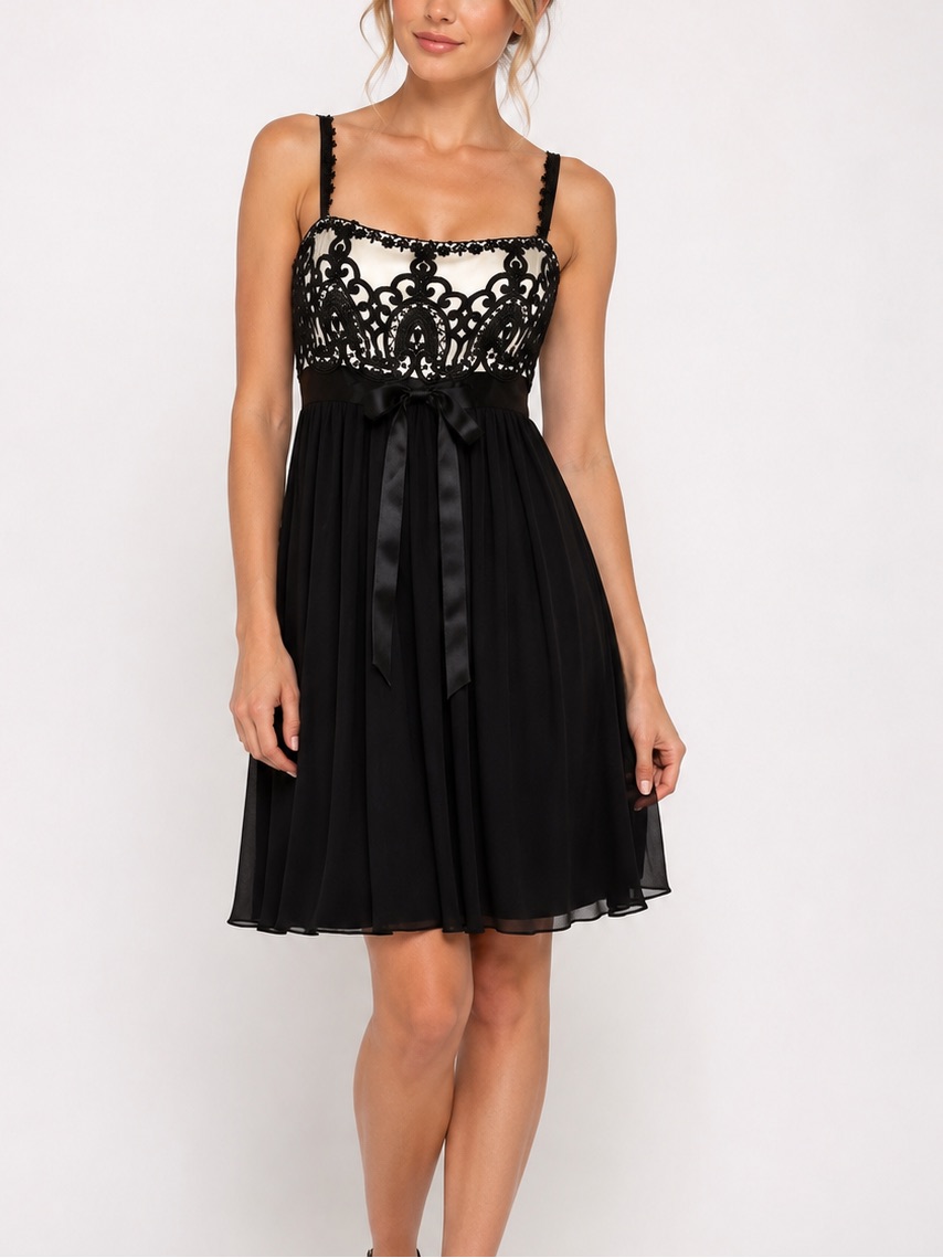 Jessica Mcclintock Black Lace Babydoll Cocktail Dress Satin Trim Size 4 Usa